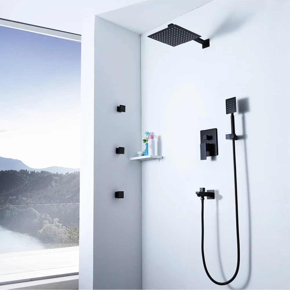 

Concealed Wall-in Shower Suit 10-Inch Ultra-Thin Top Spray Cold Control Valve Black And White with Pattern Shower Faucet HI05050