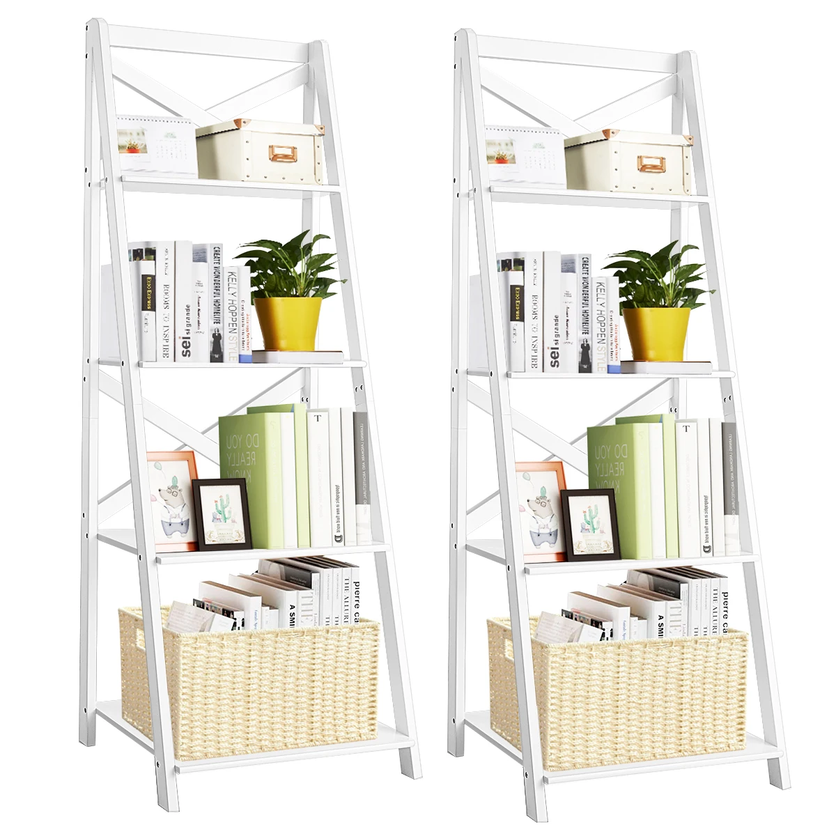 

Costway Set of 2 Ladder Shelf 4-Tier Bookshelf Bookcase Storage Display Plant Leaning