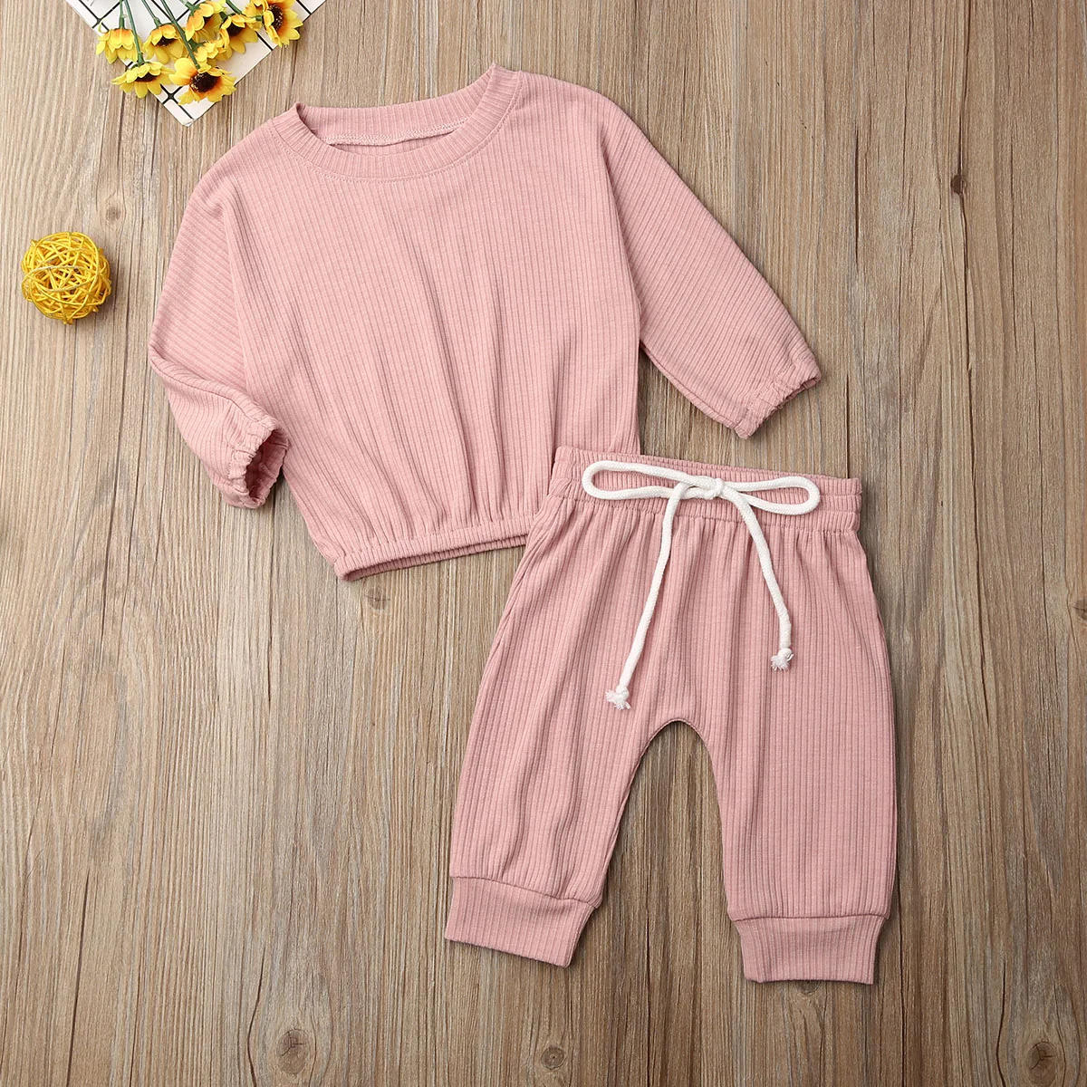Коллекция года, весенне-осенняя одежда для малышей Одежда для маленьких девочек Однотонные топы, футболка длинные штаны комплект из 2 предметов, спортивный костюм в рубчик