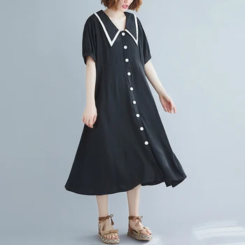 

COIGARSAM Loose Women Long dress Summer Sailor Collar Dresses Black 6813