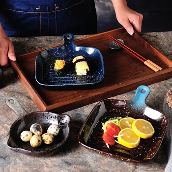 

Japanese ceramic tableware northern European square baking plate household creative breakfast snack cheese deep handle dish