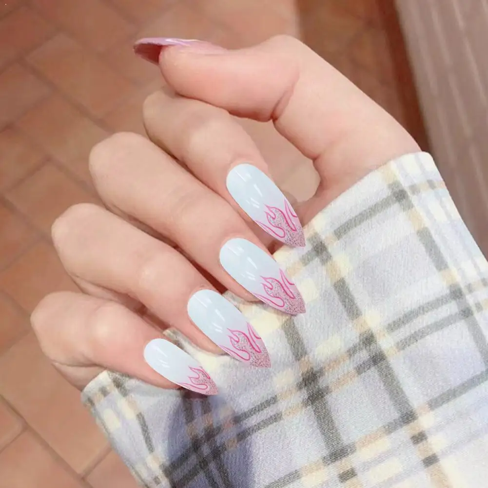 

24Pcs/set Punk Faux Nails Flame-pink Faux Nails Girl's Decal Complete Faux Beauty Nails Nail B8K3