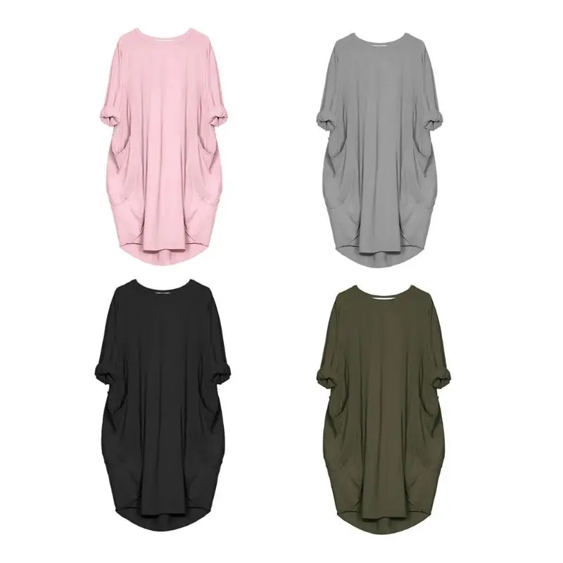 

Womens Plus Size Spring Long Sleeve Pockets Hoodie Loose Baggy Midi Dress Solid Color Crew Neck Oversized Loose Tunic Tops S-5XL