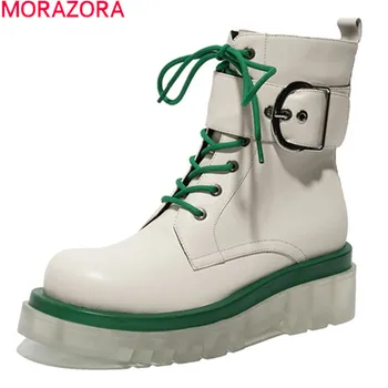 

MORAZORA 2020 New Arrival Genuine Leather Boots Autumn Winter Women Boots Fashion Lace Up Casual Ankle Boots Black Rice White
