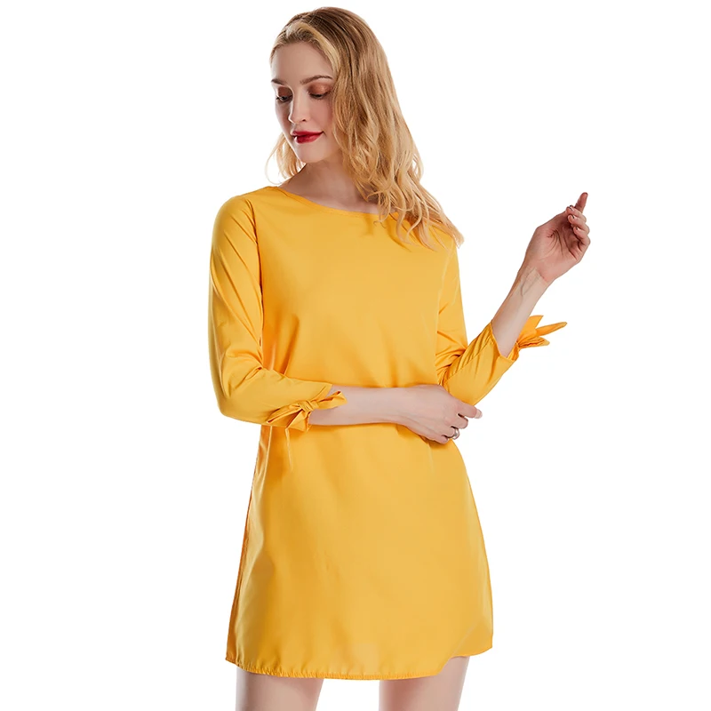 yellow Модное однотонное платье на осень повседневные свободные платья с круглым вырезом элегантное пляжное Короткое мини-платье с бантом и рукавами 3/4, большие размеры, вечерние платья - Цвет: yellow