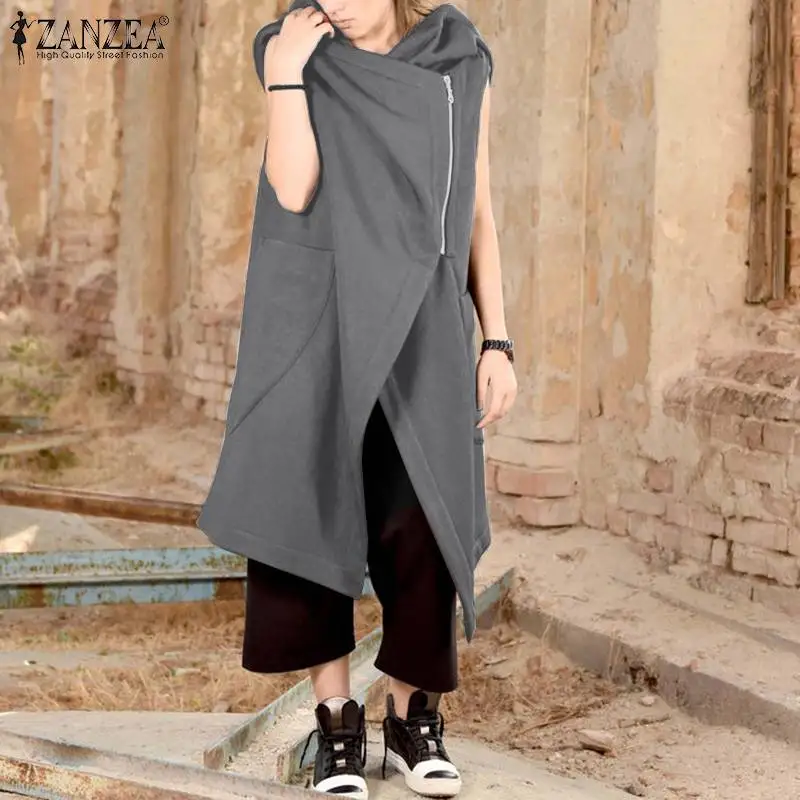 Promo 2019 ZANZEA Fashion Hooded Irregular Outerwear Women Sleeveless Jackets Autumn Casual Solid Zipper