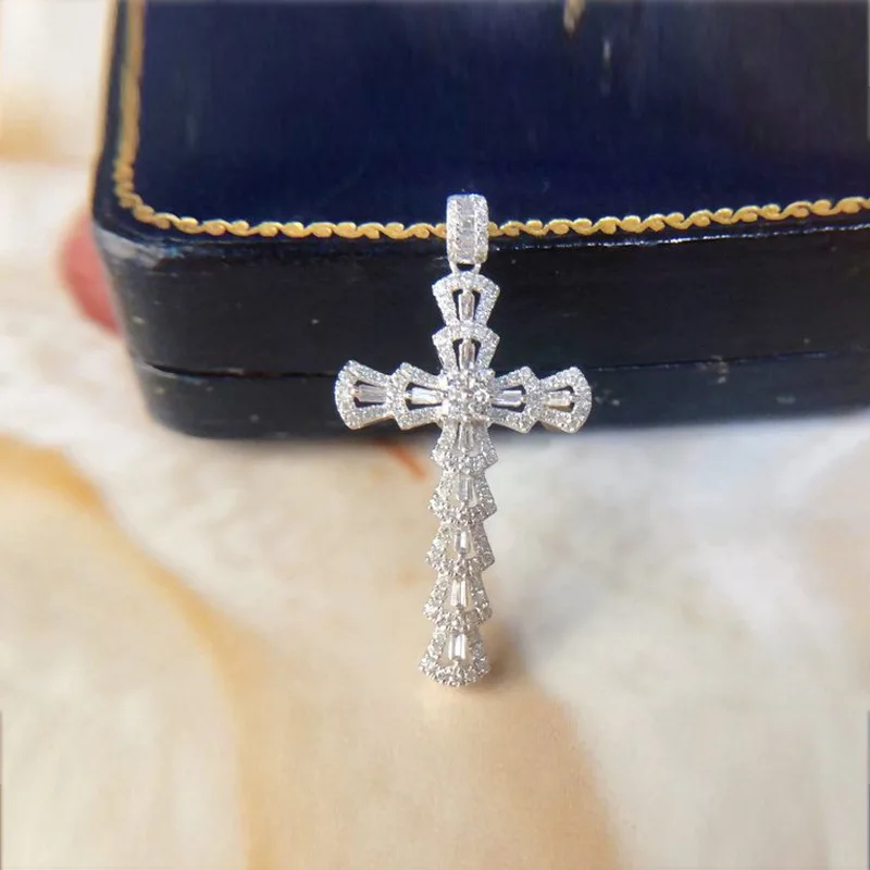 

100% Real 925 Sterling Silver Necklace Cross Natural Moissanite Pendant Gemstone Hip-hop Silver 925 Jewelry Diamond Necklaces