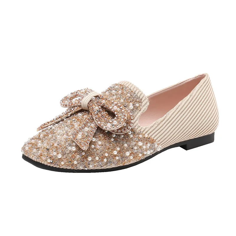 41-43 big size crystal bow flat shoes woman pearl beading breathable ballet flats beauty bow buckle moccasins shoes for women women shoes,women flats