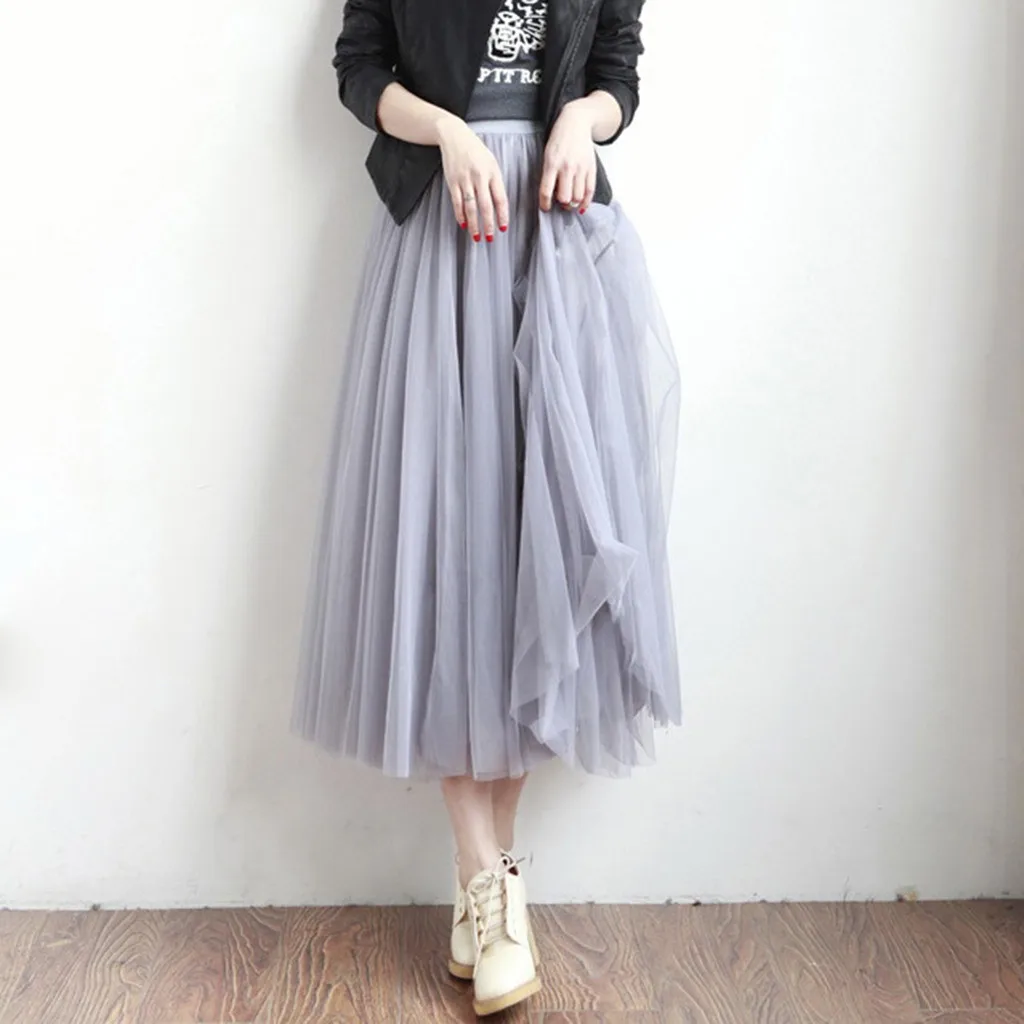 Сетчатая плиссированная Женская юбка средней длины, одноцветная двухслойная Тюлевая юбка средней длины, Женская Весенняя летняя Корейская юбка с эластичным поясом z1101