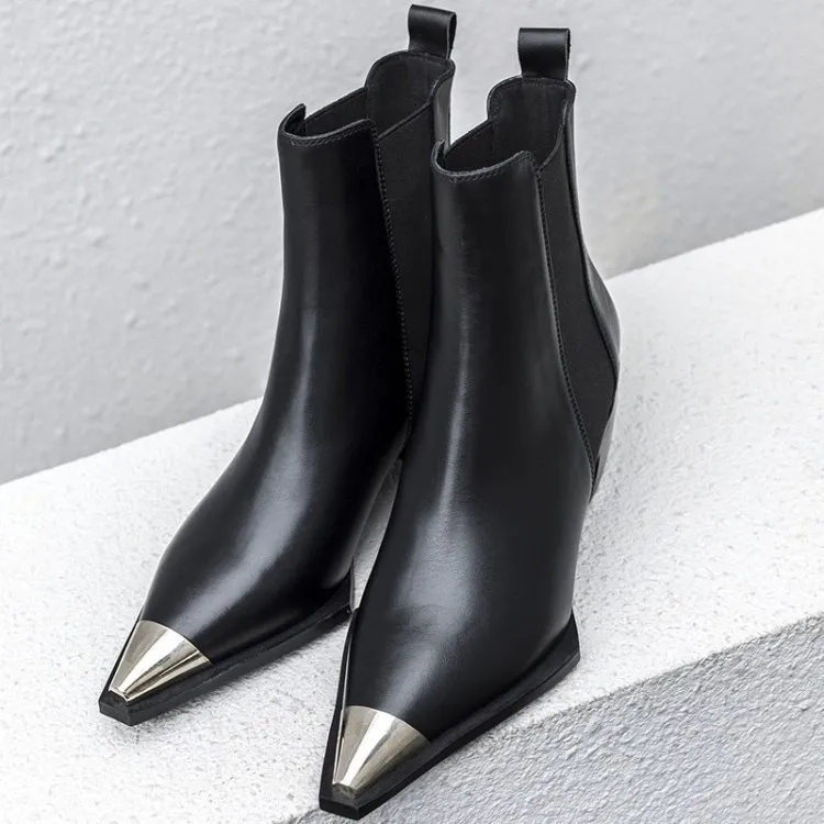 

Wind Sharp Metal Head Layer Cowhide With With Boots Woman Chelsea Boots