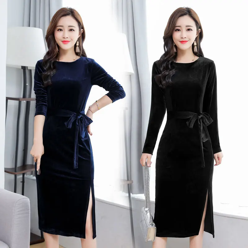 

Spring Autumn Winter New Style Gold Velvet Dress Women's Long-Sleeve High-waisted Banquet Evening Dress Elegant Debutante Sheath