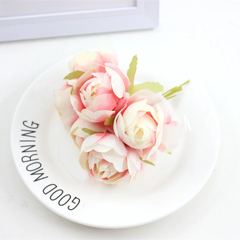 6 шт. ручной работы diy искусственный шелк пакетик розового чая Свадебный букет вечерние украшения искусственный цветок - Цвет: White pink