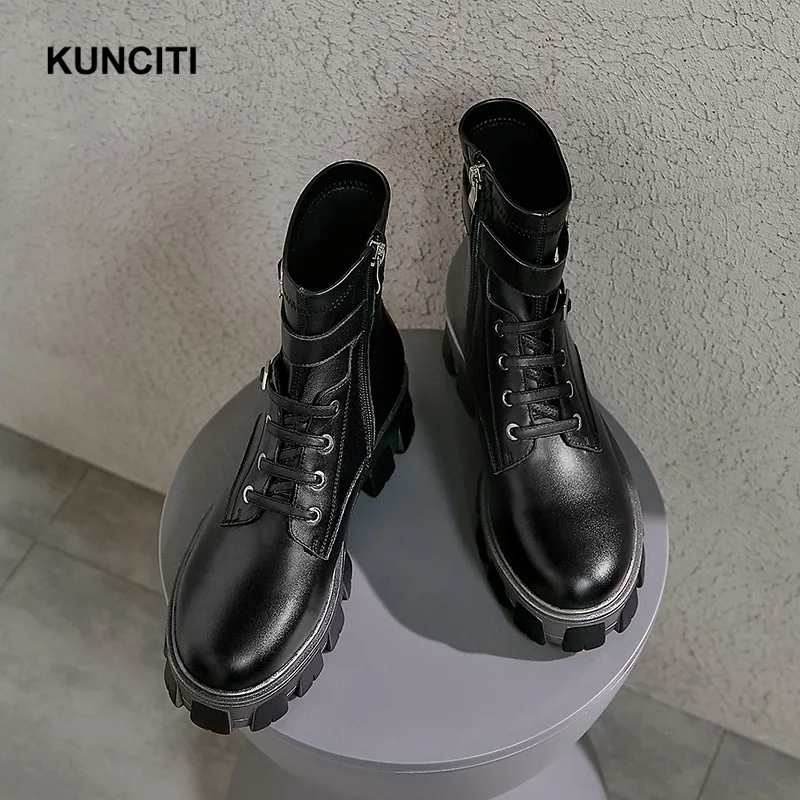 KUNCITI/; ботинки на толстой подошве; женские ботильоны на среднем каблуке с круглым носком; короткие ботиночки на молнии; Весенняя Повседневная обувь; цвет белый, черный; D9126
