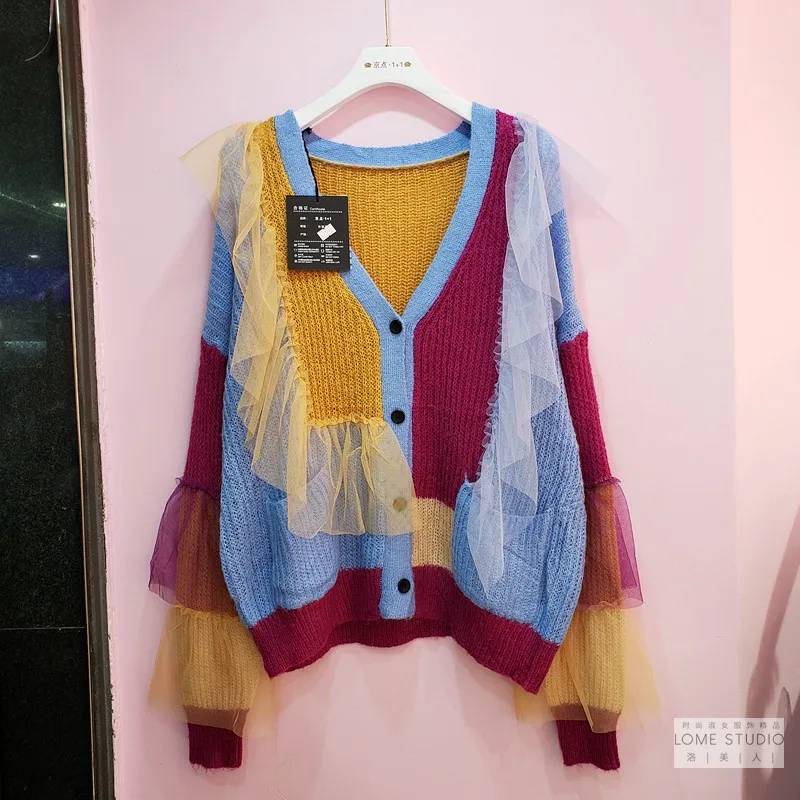 

Oversize Cardigan Coat Women 2020 Autumn New Fashion Contrasting Color Stitching Mesh Knitted Cardigans Women's Loose Sweaters