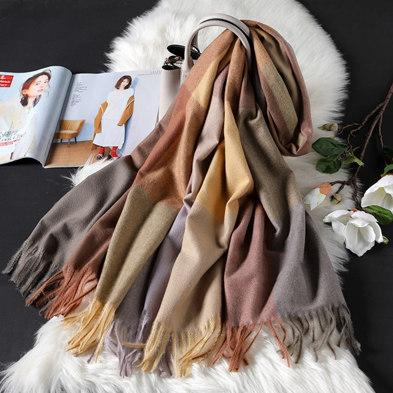 Женский шарф bufandas invierno mujer, Корейская двухсторонняя клетчатая шаль, толстый двойной теплый шарф, большой плащ из пашмины