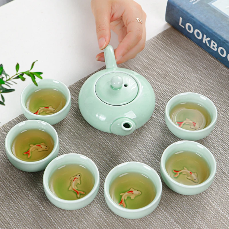 Celadon Carp Tea Cup Kung Fu Tea Set Gift Set Household Simple Portable Ceramic Gift One Pot and Six Cups
