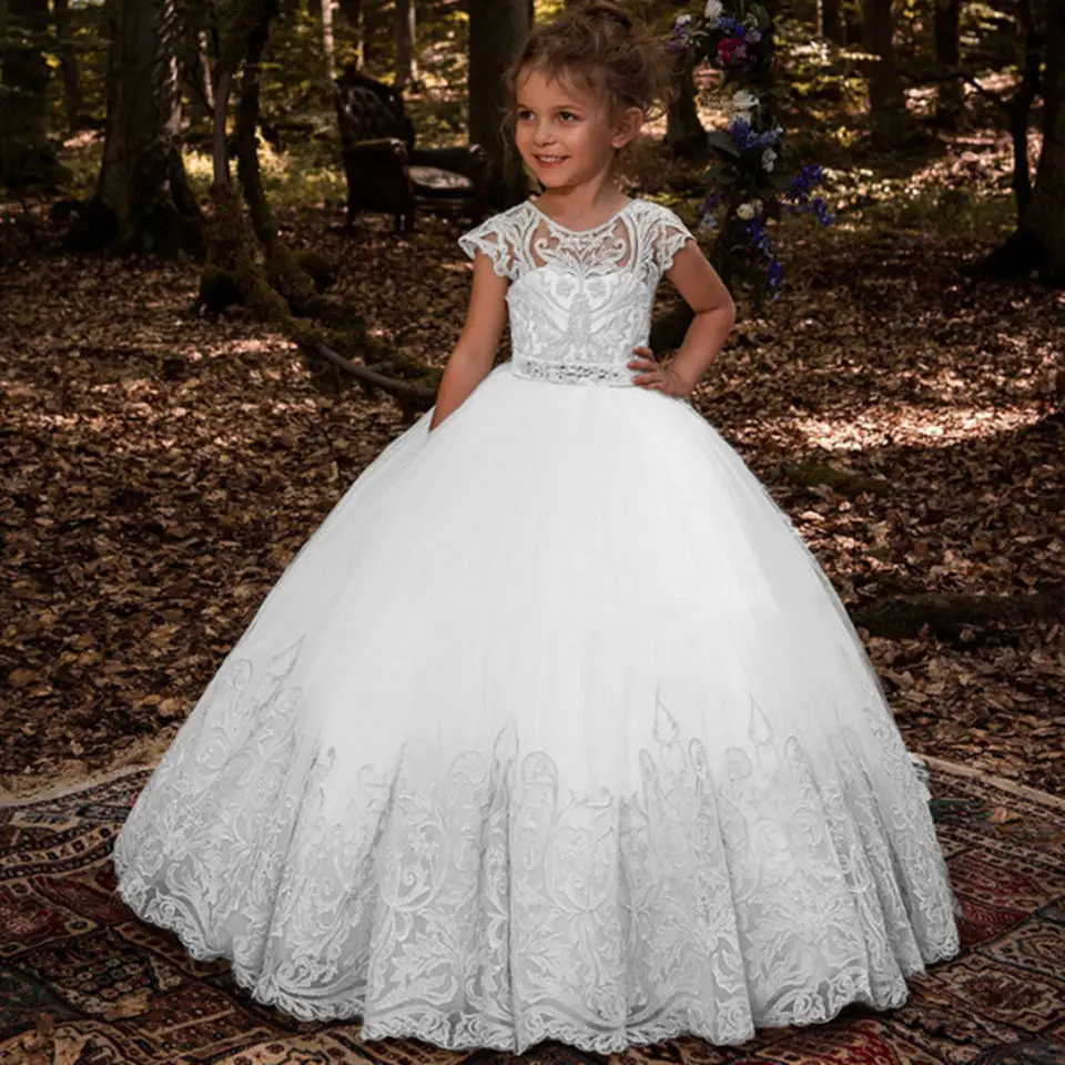 

Princess Gold Lace Gown Flower Girl Dresses For Wedding Crystal Beads Girls First Communion Gowns Special Occasion Dresses
