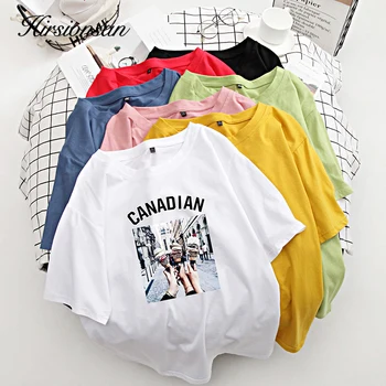 

Hirsionsan Summer T Shirt Women Print Letter Short-Sleeves Pullovers 100% Cotton Tees Oversized Kawaii Harajuku New Streetwear