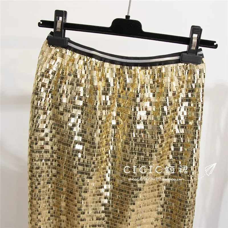 Harajuku Sequins Skirt Women's Sexy Silver Sequined Midi Skirt Girls Elastic-Waist Package Hip One-Step Skirts Party Skirts