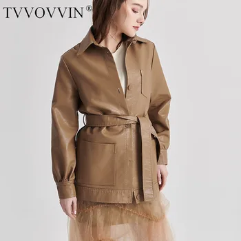 

China Loose Fit Balck Bandage Pu Leather Temperament Jacket New Lapel Long Sleeve Women Coat Fashion Tide Spring 2020 1S104