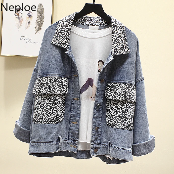 

Neploe 2019 New Jacket Fashion Leopard Patchwork Jean Coat Autumn Outwear Loose Lady Jeans Jackets Denim Coats Cowboy 53923