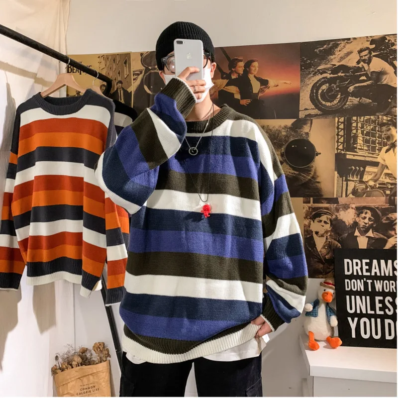 2019 Winter New Korean Men's Retro Couple Striped Color Knit Head Round Neck Street Loose Casual Sweater |