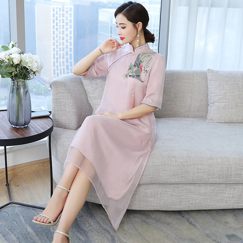 

2019 Summer Wear New Style Gold Embroidered Chinese-style Pendant Improved New Chinese Style Cheongsam Dress Mid-length