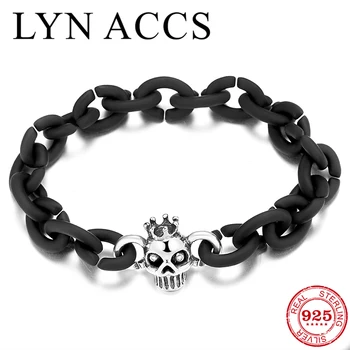 

Fashion Simple Women Men Bracelets Silver Color Crown Skull Beads Charm Black Hard Rubber X Bracelets Jewelry Accesories