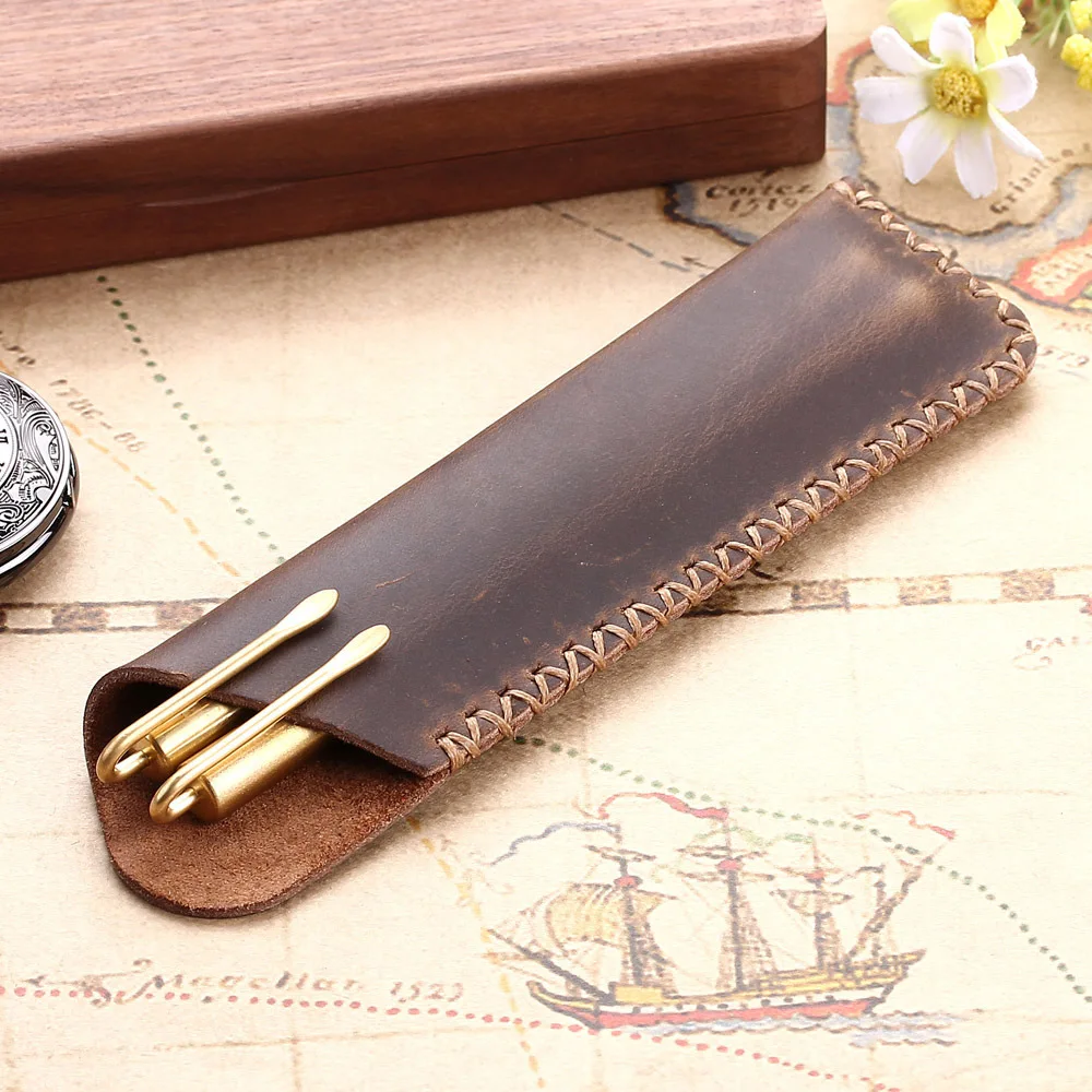 High Quality Genuine Leather Pen Pouch Holder Vintage Retro Fountain Ballpoint Pens Bag Stationery Pencil Case Supplies