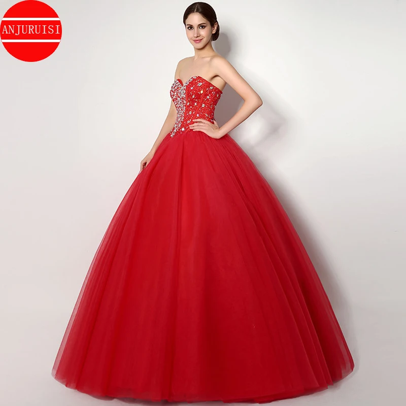 Charming Perlen Kristalle Ballkleider Quinceanera Kleid Schatz Red Tüll Debütantin Sixteen Prom Party Kleid Vestidos De Lace UP