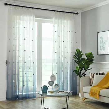 

Window Screen Gauze Gradient Sheer Tulle Drapes Embroidery Stars-moon Hemp Tulle Fabrics Children's Living Room Curtains M154&30