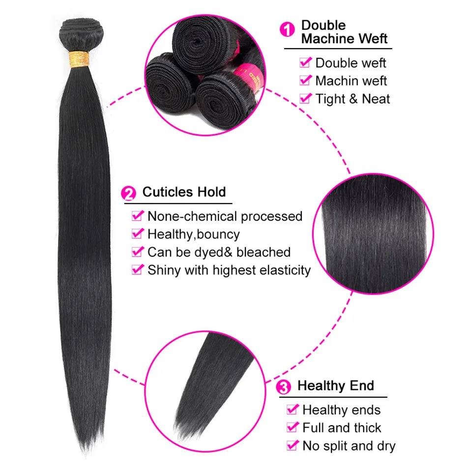 Feel Me Malaysian Straight Hair Bundles With Closure Human Hair 3/4 Bundles With Closure Natural Color Non Remy Hair Extensions