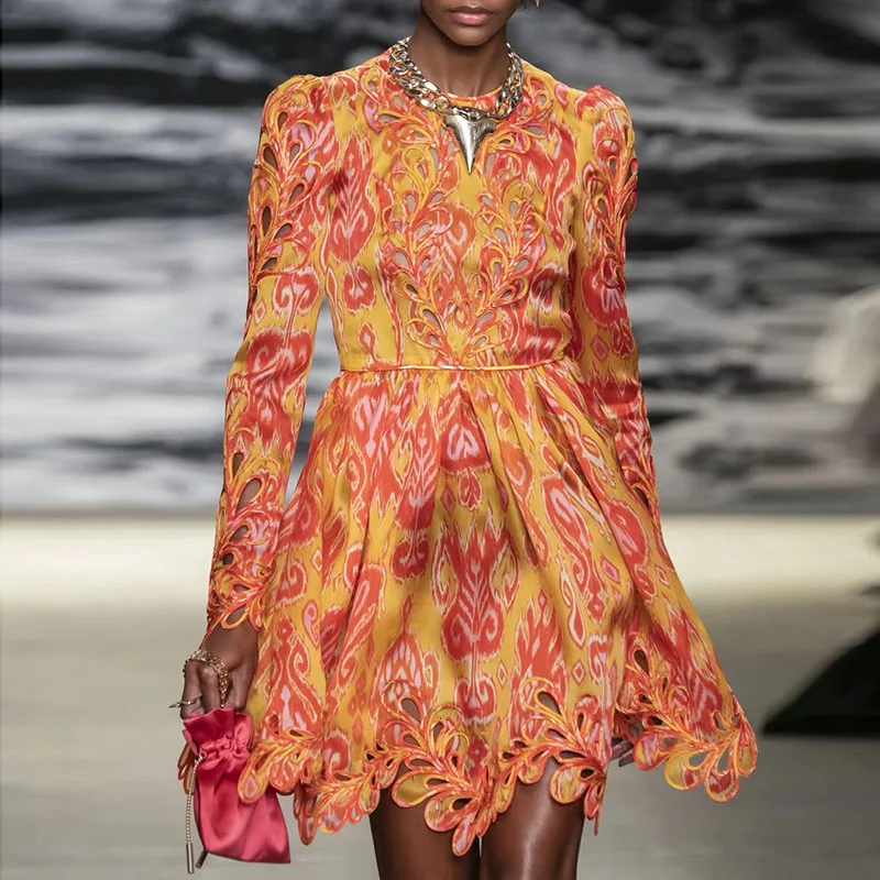 Красный COLOREE Runway дизайнерское весеннее новое женское мини-платье с длинным рукавом и круглым вырезом тонкое ТРАПЕЦИЕВИДНОЕ ПЛАТЬЕ для женщин Новое - Цвет: Красный