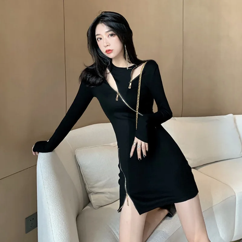 

Retro Black And White with Pattern-Slit Slim Fit Slimming Sheath Dress Base Nightclub Disco Dancing WOMEN'S Dress Elegant Daji S