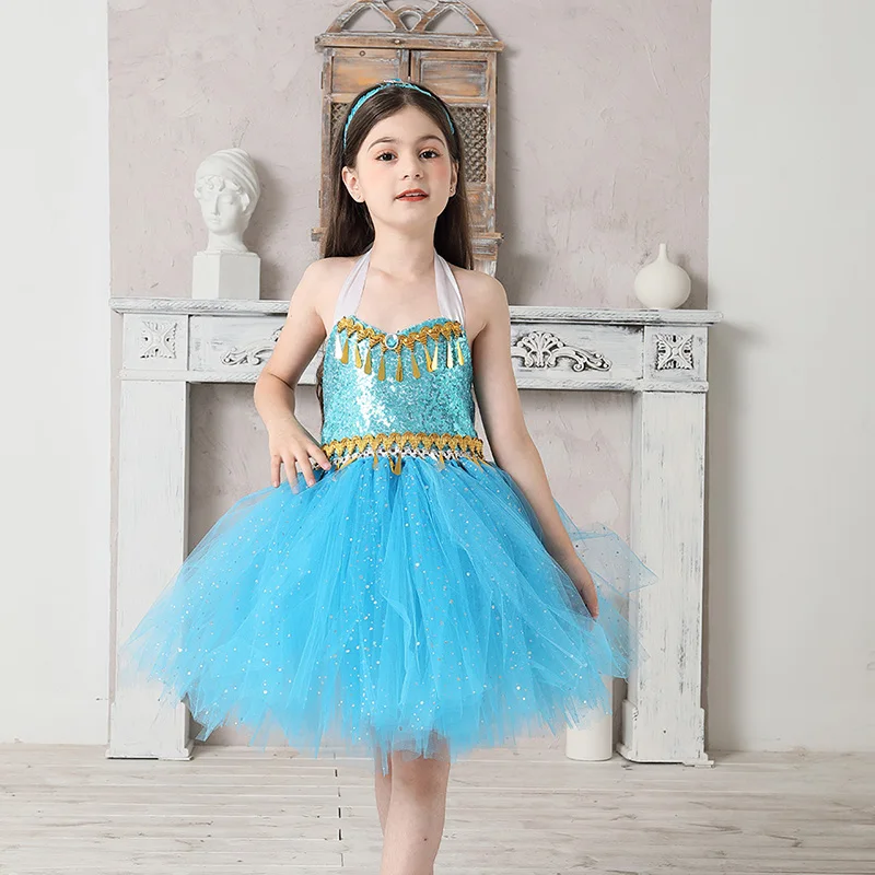 Aladdin Jasmine Girls Tutu Dress Headband Outfit Kids Birthday Party Pageant Sparkly Tulle Fancy Dress Sequins Children Clothes (8)