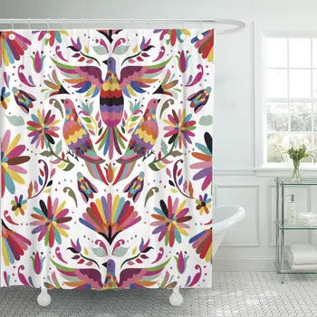 

Shower Curtain Otomi Mexican Pattern Flowers Mexico Waterproof Polyester Fabric Set Hooks