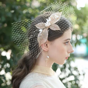 

Fashion Big Gauze Bow Girls Hair Accessories Gold Leaf Bridal Tiara Headband Hair Comb