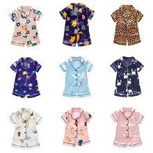 Fashion Toddler Infant Kids Baby Boys Girls Sleepwear Two Piece Satin Cartoon Printed Short Sleeve Tops+Shorts Pyjamas Sets#p4
