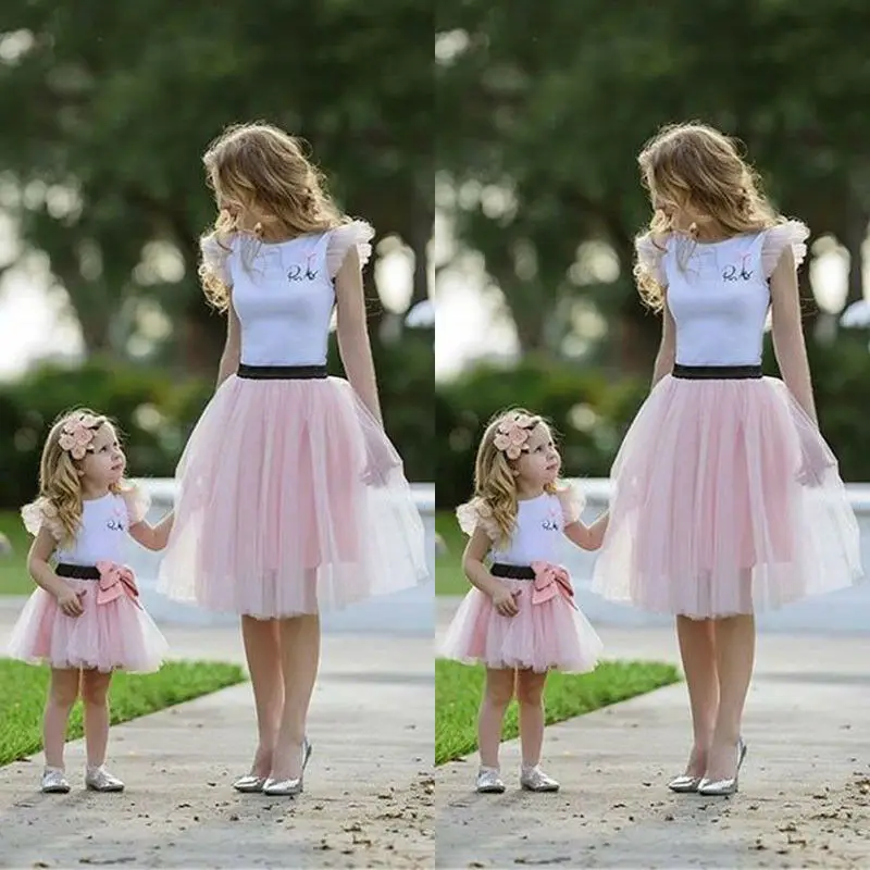 Повседневная летняя футболка для мамы и дочки; юбка; платье из тюля; одинаковые комплекты
