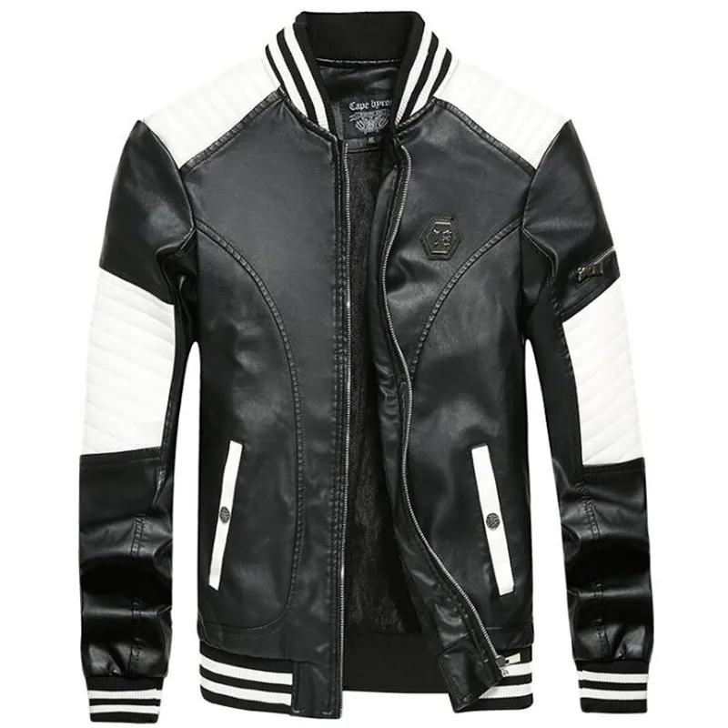 Leather Jacket Men Bomber Baseball Jacket Biker Pu Coat Faux Pilot Varsity Fleece College Top Leather Black Slim Fit Motorcycle