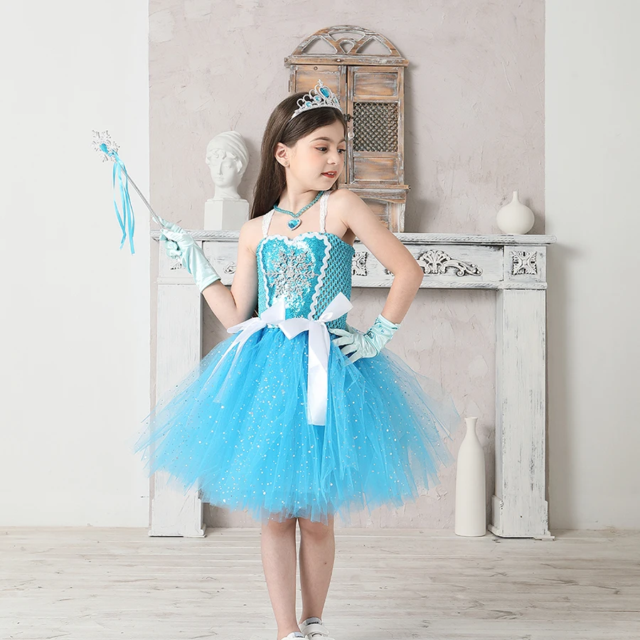 Snow Ice Princess Queen Girls Tutu Dress Glittery Sparkle Handmade Kids Halloween Party Birthday Fancy Dresses Elsa Clothes (3)