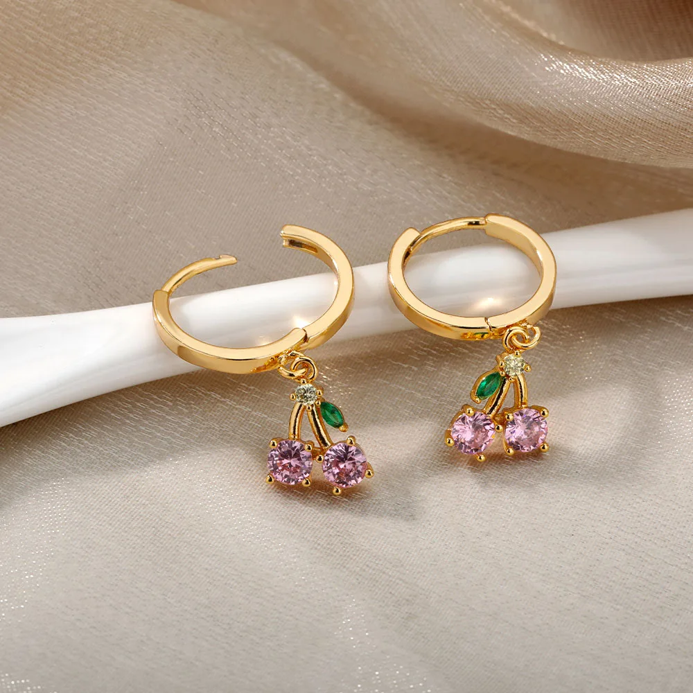 Crystal Fruit Cherry Drop Earrings for Women Stainless Steel Pink Cherry Earring Femme Fairy Fashion Boho Jewerly Gift