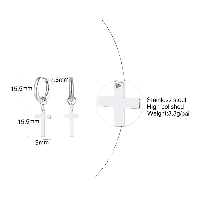 Stainless Steel Earring with Cross Charm for Guys Men's Jewelry - Image 5