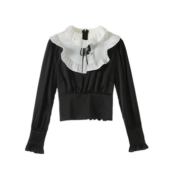 

Women Chiffon Blouse Crop Tops 2019 Fall Women's Ruffles Black Shirt Autumn Sexy Long Sleeve Blouse Bow Tunic Shirt Ladies Tops
