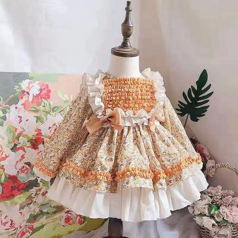 

3PCS Girl Autumn Winter Vintage Spanish Dress Pompon Ball Princess Dress Lolita Party Dress for Bady Girl Long Sleeve Bow Dress