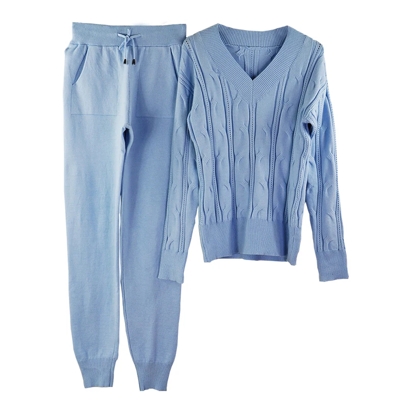 MVGIRLRU/осенне-зимний комплект со свитером; вязаный костюм из двух предметов с v-образным вырезом - Color: Blue