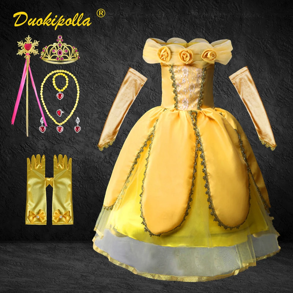 

Toddler Girl Belle Dress Beauty and Beast Halloween Child Cosplay Costume Party Yellow Fluffy Pageant Gowns Fairy Princess Wig
