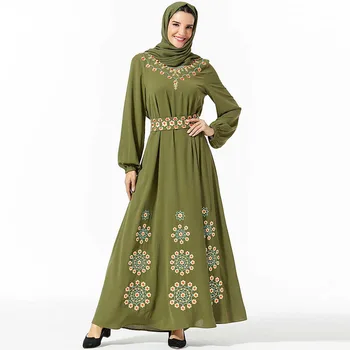 

Islamic Dress Women Muslim Clothing Embroidery Elegant Maxi Dresses Fashion Sashes Green Long Sleeve Robe Plus Size No Hijab