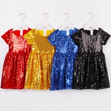 Платье с блестками для маленьких девочек; детское Золотое блестка Блеск; однотонное розовое платье с цветочным узором для девочек; праздничное платье с короткими рукавами