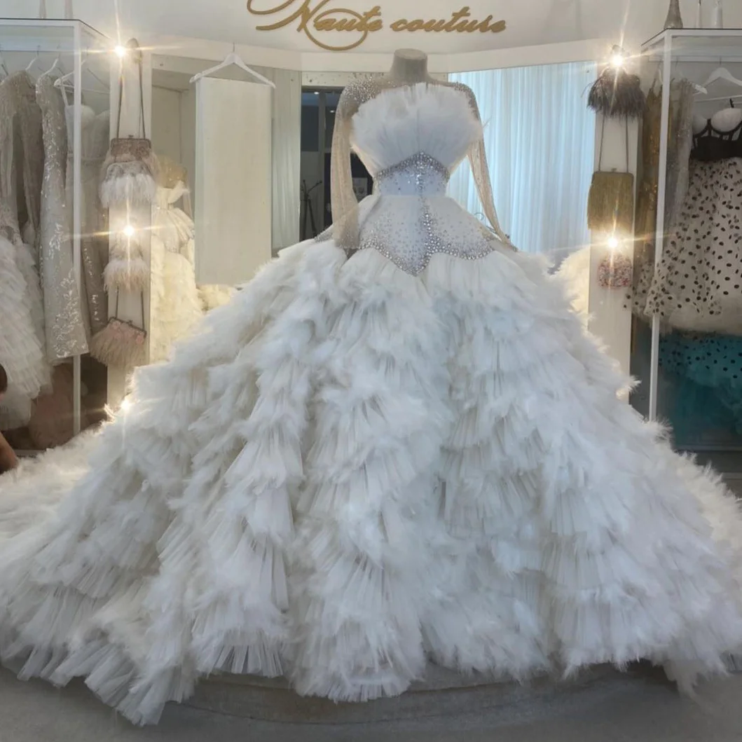 Glamorous Wedding Dress Plus Size Ball Gown Lace Up Crystals Beaded Ruffles Tulle Illusion O-Neck Sweep train Bride Gowns | Свадьбы и